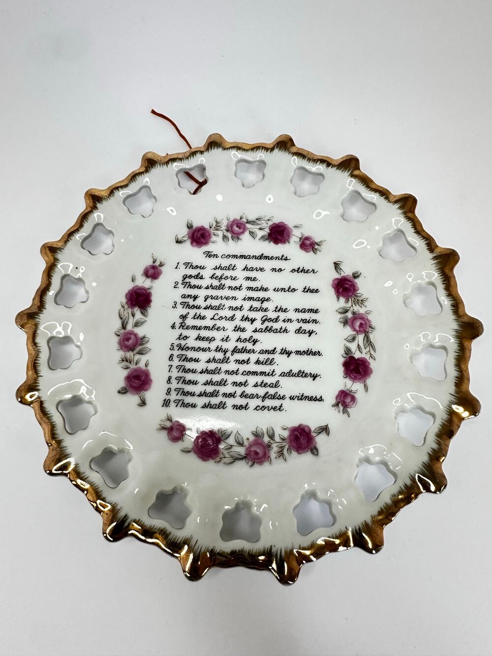 Vintage Bavaria Tirschenreuth Ten Commandments Porcelain Plate Roses Gold 8”